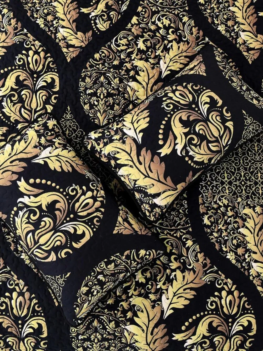 Boho Gold Damask Reversible Microfiber 3-Piece Quilt Set